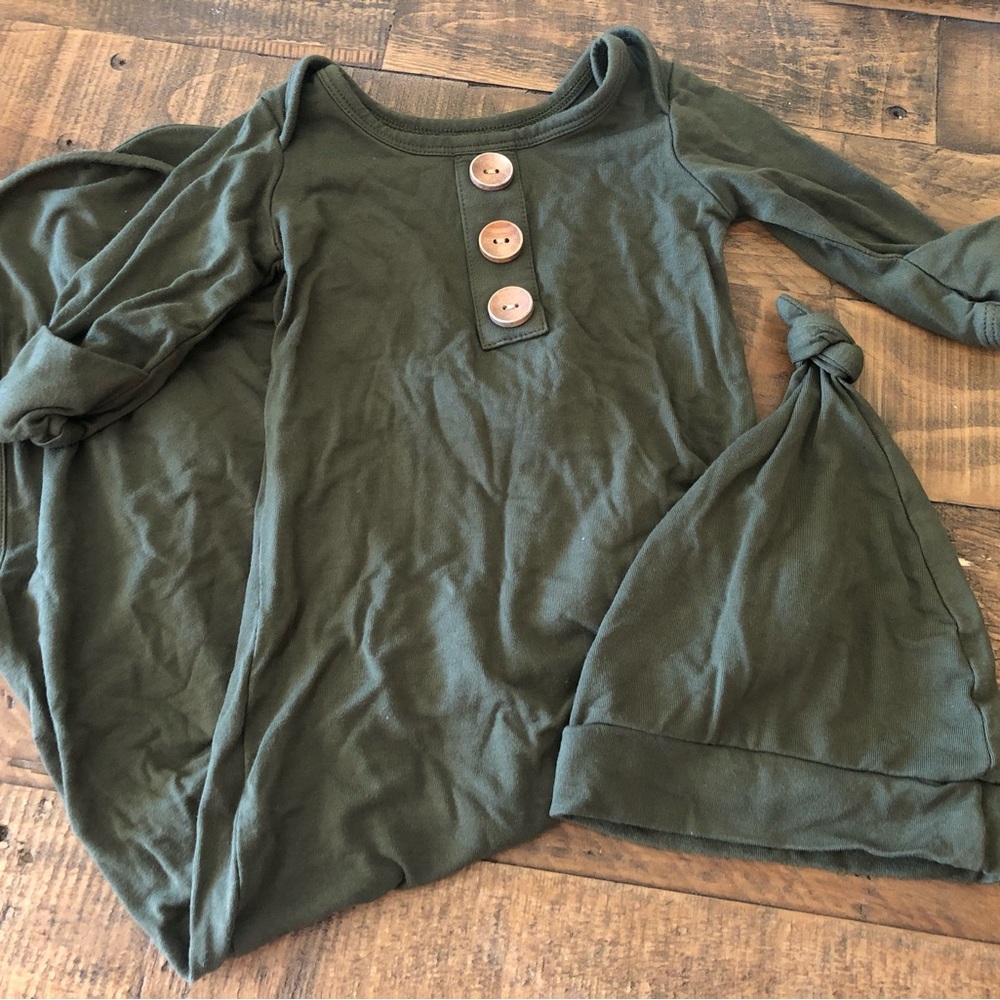 Solid Olive Bamboo Baby Knot Gown & Hat